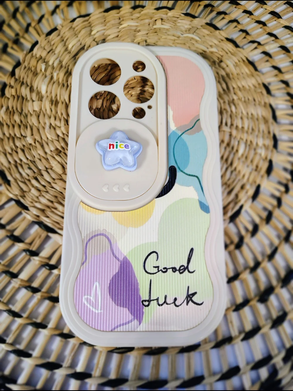 Slim Protective IPhone 15 Pro Case with Decorative Pop Socket - Beige & Pastel
